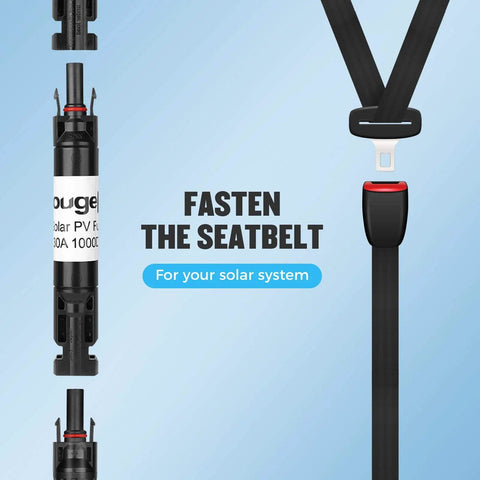 30A Inline Solar Fuse Holders 30 Amp Pack Of 5 For Solar Panels And Controllers Waterproof PV Fuse Connectors shown with seatbelt graphic
