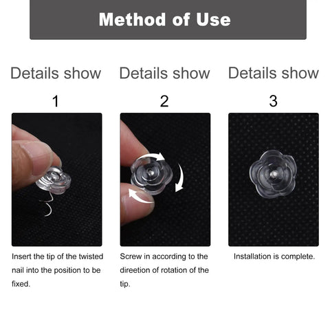 Method of use for Fifty Piece Upholstery Twist Pins Featuring Slick Clear Rose Heads And Compact Storage Box.