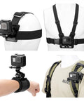 All In One Action Cam Mount Kit With Chest Strap Harness Backpack Clip 360 Degree Rotating Head Strap Mount And Wrist Strap