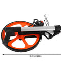 Pissente Hand Measuring Wheel, 0-9999.9ft Mechanical Counter with orange wheel and aluminum handle, dimensions shown.