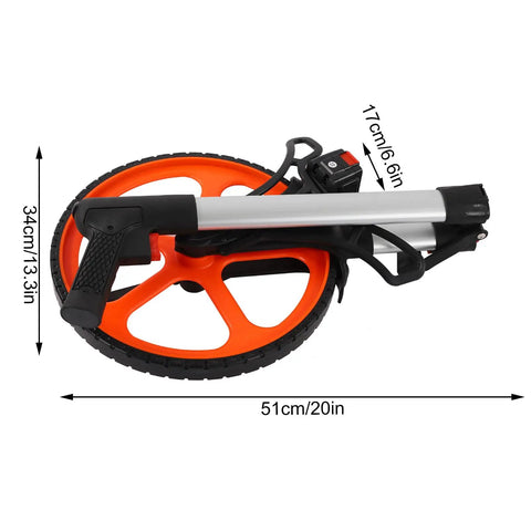 Pissente Hand Measuring Wheel, 0-9999.9ft Mechanical Counter with orange wheel and aluminum handle, dimensions shown.