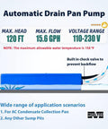 6.4 GPH Condensate Pump For HVAC Drip Pan With 50 Ft Max Head Automatic Safety Switch Quiet Submersible Water Pump For AC Dehumidifier Furnace Basements 110V 230V For Home Use shown with specs and check valve feature