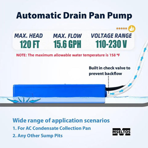 6.4 GPH Condensate Pump For HVAC Drip Pan With 50 Ft Max Head Automatic Safety Switch Quiet Submersible Water Pump For AC Dehumidifier Furnace Basements 110V 230V For Home Use shown with specs and check valve feature