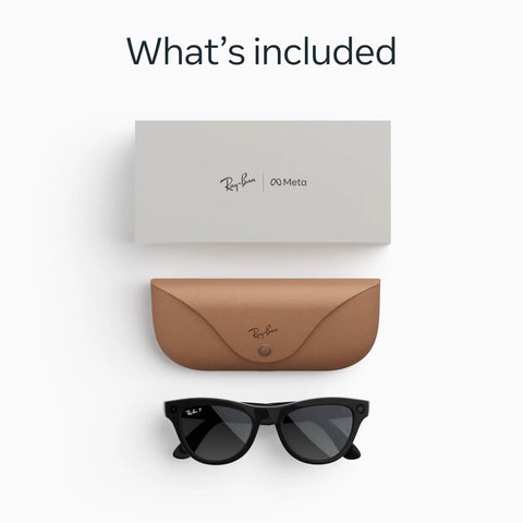Meta Gen 2 Skyler Smart AI Glasses In Shiny Black with case and packaging, 2x battery life, 3K Ultra HD, polarized lenses.