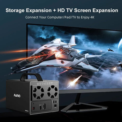 Plug And Play Heavy Lifter Four Bay Sata Storage Enclosure For 2.5 And 3.5 Inch Drives With Chill Operating Fan, Usb C 3.1 Ports, Seven Quick Swap Raid Modes, And Rock Solid 96 Terabyte Bulk Capacity For Your Tech Rig beside a 4K TV screen.