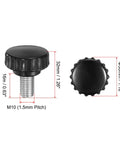 4 Pack M10 X 16mm Knurled Thumb Screws Zinc Plated Carbon Steel With Black Round Head shown from multiple angles, highlighting dimensions.