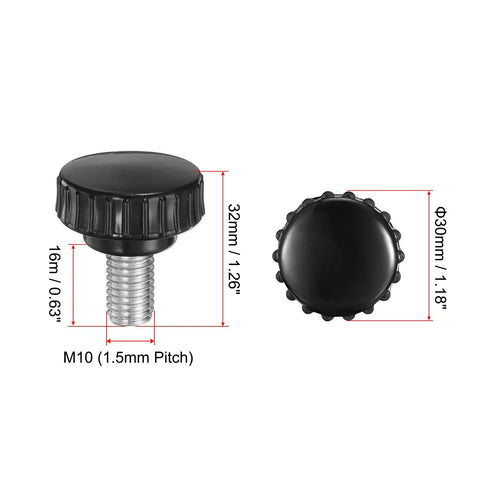 4 Pack M10 X 16mm Knurled Thumb Screws Zinc Plated Carbon Steel With Black Round Head shown from multiple angles, highlighting dimensions.
