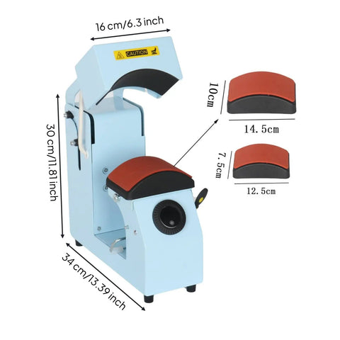 MVQJSUCI 2 In 1 Cap Hat Press Machine With Electric Automation showing two platen sizes and dimensions for customizing hats.