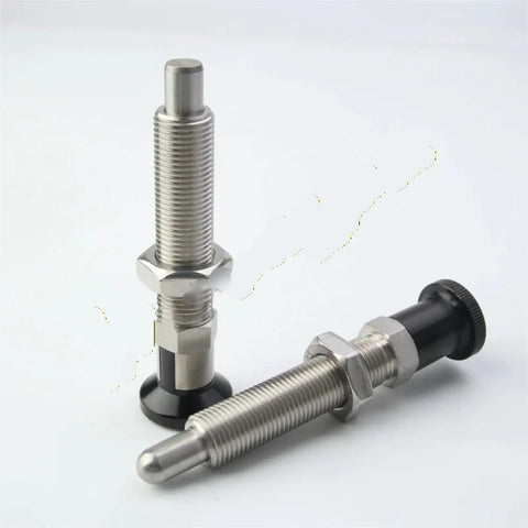 M16 Indexing Plunger Shop Grade Self Locking Reset Pin with stainless steel spring and aluminum knob, shown at different angles.