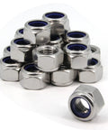 Rock Solid M16 X 2mm Nylon Insert Hex Lock Nuts Built Tough With Top Notch 304 Stainless Steel Heavy Duty Self Locking Hardware Fasteners For Truck And Equipment Upgrades Includes 20 Pieces Metric Fine Thread Parts That Resist Rust, showing a stack of self-locking nuts.