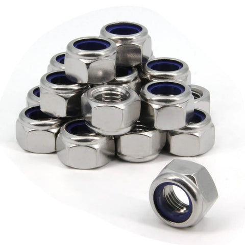 Rock Solid M16 X 2mm Nylon Insert Hex Lock Nuts Built Tough With Top Notch 304 Stainless Steel Heavy Duty Self Locking Hardware Fasteners For Truck And Equipment Upgrades Includes 20 Pieces Metric Fine Thread Parts That Resist Rust, showing a stack of self-locking nuts.