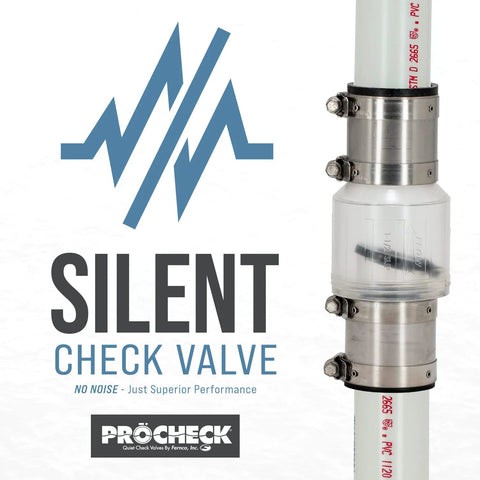 ProCheck silent sump pump check valve – side view; stainless steel couplings on 1-1/2 in PVC pipe; clear body.