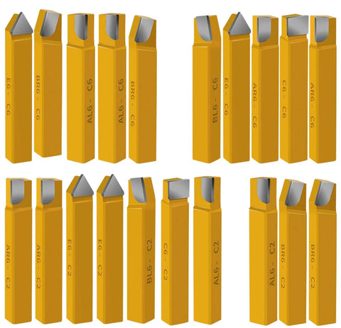 20-piece carbide-tipped lathe cutter set, yellow rectangular bodies with silver tips (1/2" shank)