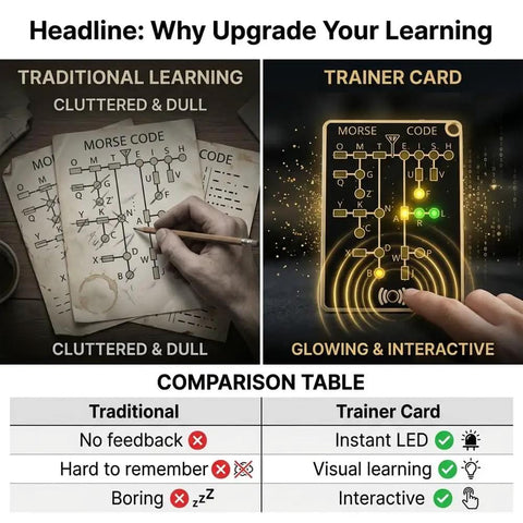 Comparison of traditional Morse code learning vs. LED Edition Morse Code Trainer Card Pro Interactive Pocket PCB Kit For Adults