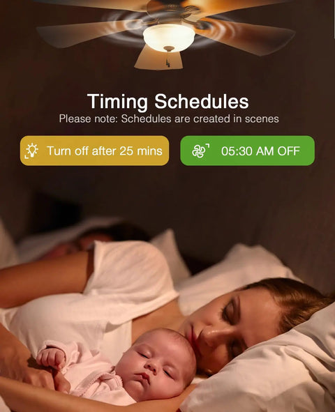 Mother and baby sleeping under a fan, showcasing Smart Ceiling Fan Dimmer Switch With 4 Speed Fan Control And Light Dimmer Alexa.
