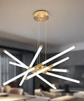 Gold 12 Light Modern LED Chandelier Easy Install Linear Fixture with rod lights in a dining room setting.