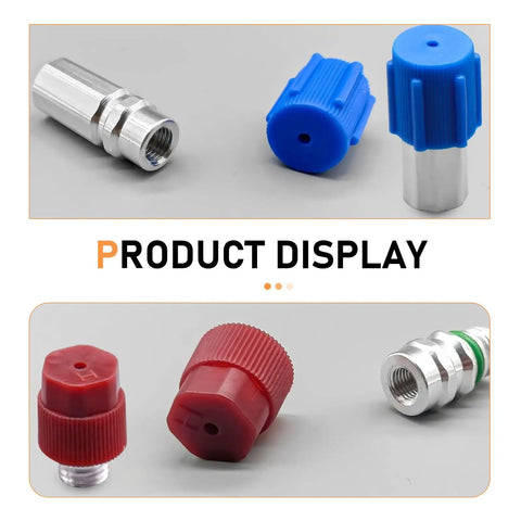 17-Piece Car AC Valve Core Kit For R12 R22 R134a Systems with blue and red sealed pressure caps and stainless service valves