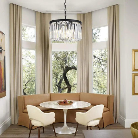 Modern Black Crystal Chandelier Lighting With K9 Crystals Round Pendant Ceiling Light in a dining room setting
