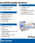 Front view of First Aid Only 94-piece First Aid Kit; white case with blue label, opened to show medical supplies