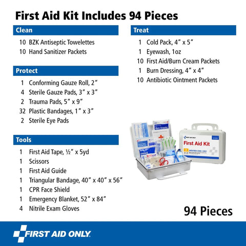 Front view of First Aid Only 94-piece First Aid Kit; white case with blue label, opened to show medical supplies