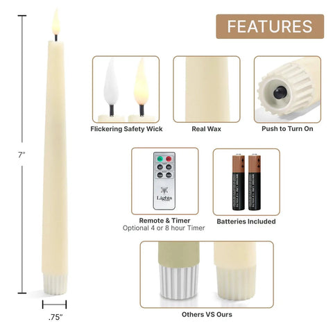 Flameless Taper Candles Set With Realistic 3D Wick Flame, 7 Inch Ivory Wax, 4 Pack, Flickering LED Candle Lights, Remote Included