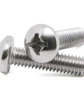 Rock Solid 8-32 Pan Head Machine Screws Half Inch Full Thread 304 Stainless Steel Phillips Drive shown in close-up.