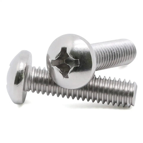 Rock Solid 8-32 Pan Head Machine Screws Half Inch Full Thread 304 Stainless Steel Phillips Drive shown in close-up.