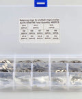 Heavy Duty Stainless Steel Snap Ring Kit E Shaped 400 Piece Set M1.5 To M15 in plastic organizer box
