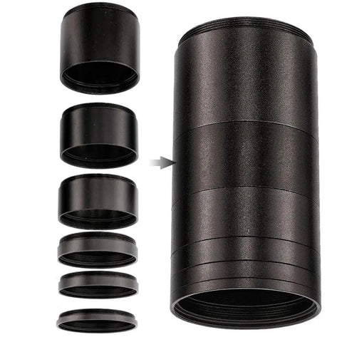 Pro Grade Spacer Ring Set For Astro Imaging M42x0.75 Threads 1.25 Inch Kit With Six Spacers in black aluminum material overview.
