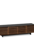 Quad Width Low Media Cabinet 8173 with natural walnut finish, featuring a sleek design and cable management for home theater setup.