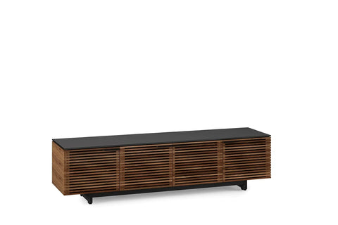 Quad Width Low Media Cabinet 8173 with natural walnut finish, featuring a sleek design and cable management for home theater setup.