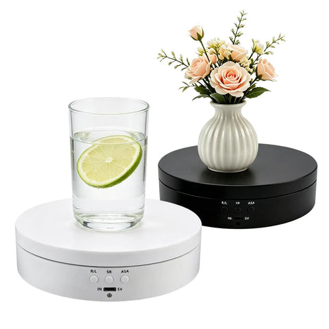 Motorized Rotating Display Stand With Electric Turntable For Products Photography Display Jewelry Watch 3D Models Cake Collectibles Featuring Manual Speed Adjustment And Multiple Angular Views In Sleek Matte Finish with glass and flowers.