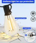 Close-up of 120 Ft LED Outdoor String Lights With 32 Shatterproof Edison Bulbs 2700K Warm White Commercial Grade Patio Lighting.
