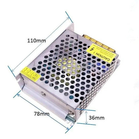 Universal 12V 5A Dual Output Switching Power Supply For CCTV Cameras LED Strips Pixel Lights Radios And Raspberry Pi Projects Converts 110V 220V AC To 12V DC Adjustable Output Ten Percent Tolerance Built In Short Circuit And Overload Protection with dimensions 110x78x36mm