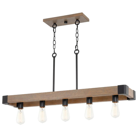 36 Inch Rustic Kitchen Island Light With 5 Lights, Linear Metal Frame, Hickory Wood Look And Black Finish, Modern Farmhouse Pendant Fixture