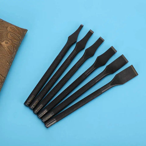 Pro Grade Leather Prong Chisel Set With Six Slot Punch Tips For Belts Wallets And Bags Dope Polished Finish On Blue Background