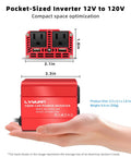 150W Car Power Inverter Converts 12V DC To 110V AC With Dual USB Ports in a hand, compact design dimensions 3.3 x 3.1 x 1.8 inches.