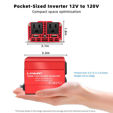 150W Car Power Inverter Converts 12V DC To 110V AC With Dual USB Ports in a hand, compact design dimensions 3.3 x 3.1 x 1.8 inches.