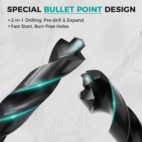 Close-up of Pro Grade 21 Piece Cobalt Drill Bit Set With Bullet Point Tip M35 TiAlN Coated, showing spiral and tip design.