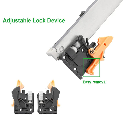 Super Smooth Dead Quiet Glide Heavy Duty Undermount Soft Close Drawer Slides Twenty Inch with adjustable lock device detail.
