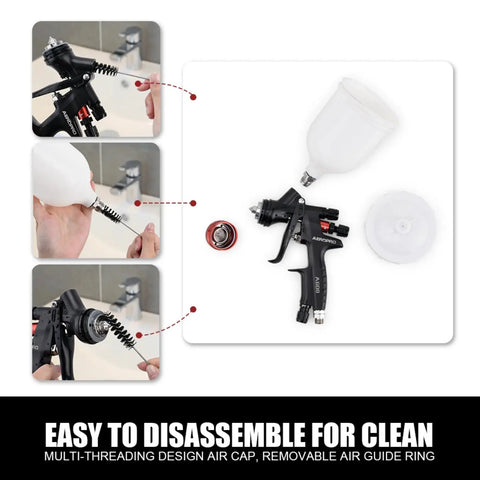 HVLP Auto Paint Spray Gun Kit Pro Grade disassembled view showing 1.3mm nozzle, 600cc cup, easy cleaning parts layout