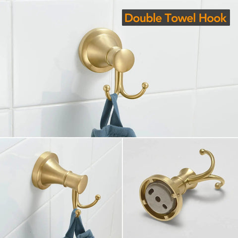 Brushed Gold 4 Piece Bathroom Hardware Set For Walls With Towel Bar Towel Ring Toilet Paper Holder And Double Towel Hooks No Fuss Rustproof Stainless Steel Zinc Alloy Bath Accessories displaying double towel hook on tile wall.