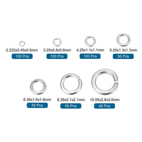 Split Lock Washer Kit In M2 M3 M4 M5 M6 M8 M10 Sizes, 490 Pieces, Stainless Steel 304, Rust Resistant White Finish, Your Go To Hardware Washer Set For Screws And Bolts. Sizes labeled 2.225 to 10.55mm