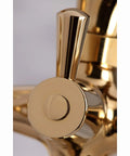 Close-up of a solid brass handle on the Charleston Deck Mount Clawfoot Tub Filler With Hand Shower Six And A Half Inch Centerset.