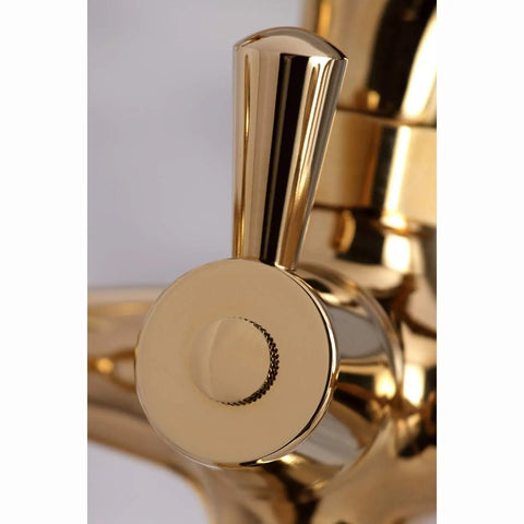 Close-up of a solid brass handle on the Charleston Deck Mount Clawfoot Tub Filler With Hand Shower Six And A Half Inch Centerset.