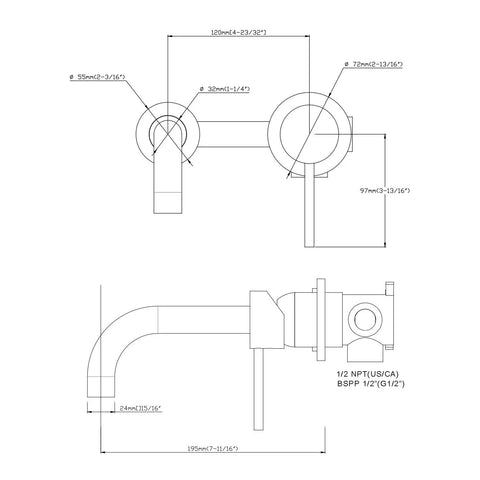 Technical drawing of Wall Mount Bathroom Faucet Matte Black With RoughIn Valve Included Solid Brass Valve Body Corrosion And Tarnish Resistant Finish Vessel Sink Ready HighFlow Design Model S1385DI BuiltToLast Easy Install.