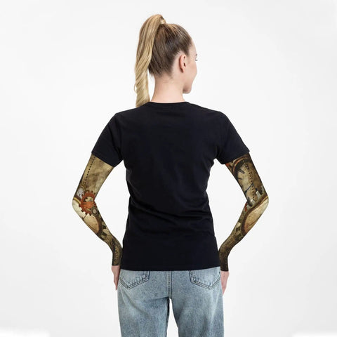 Woman showing back view of Kickin Steampunk Arm Sleeves Legit Sun Protection Fingerless Garden Gear lightweight UV blocking covers.