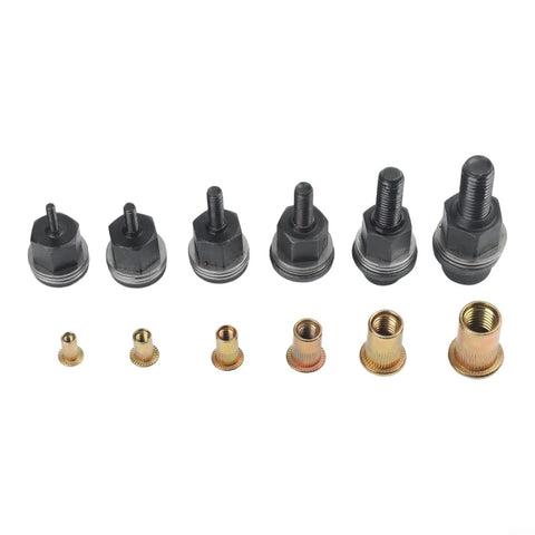 Heavy Duty Carbon Steel Replacement Rivet Nut Mandrels, Six Piece Set For M3 To M10 Manual Hand Riveter Tools displayed in various sizes.