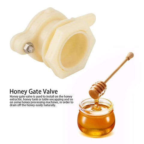 Leak Proof 1.5 Inch Honey Gate Valve For Buckets And Extractors with Stainless Steel Screws and Honey Dripping Into Jar