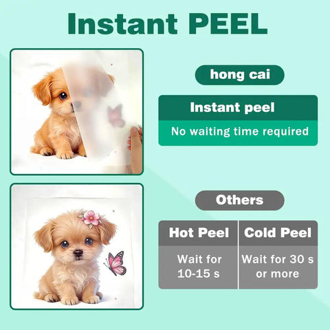 Comparison of instant peel and traditional peel times on DTF transfer film A4 30 sheets double sided matte pre treated PET paper with puppy images.